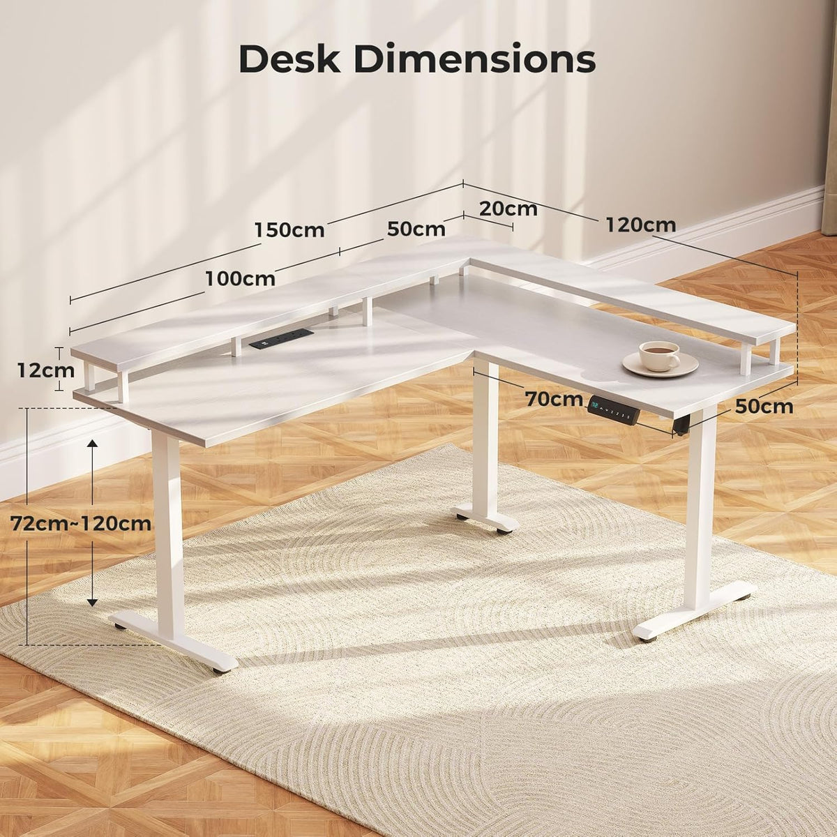 OffiGo Corner Desk Height Adjustable, 150x120cm Electric Standing Desk with Power Outlet, Standing Desk L Shape with Monitor Stand, White - QUORE