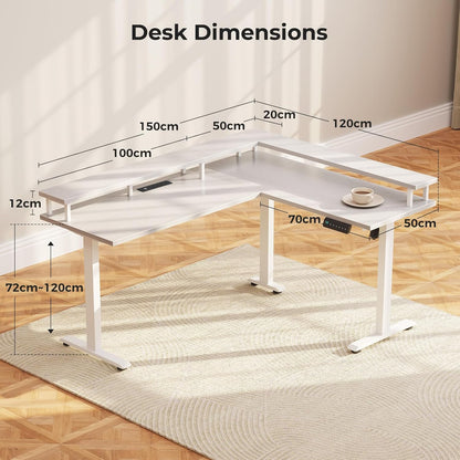 OffiGo Corner Desk Height Adjustable, 150x120cm Electric Standing Desk with Power Outlet, Standing Desk L Shape with Monitor Stand, White - QUORE