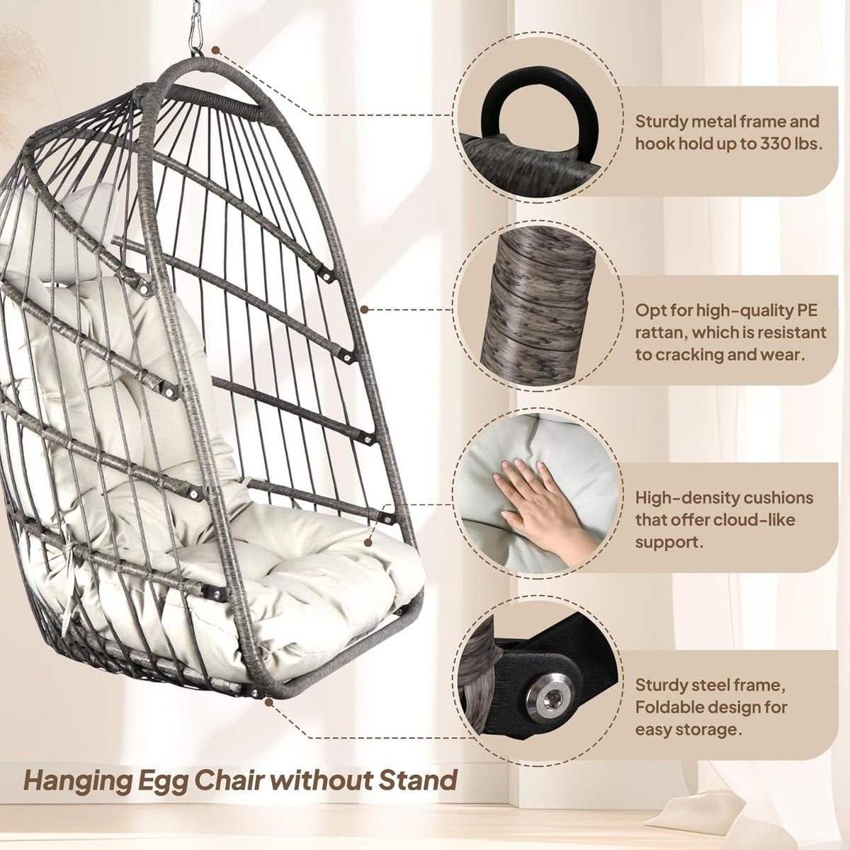 Chihee Opvouwbare rieten rotan hangstoel schommel - binnen/buiten terras rieten hangmat met roestvrij staal opknoping kit ketting link UV-bestendig kussen