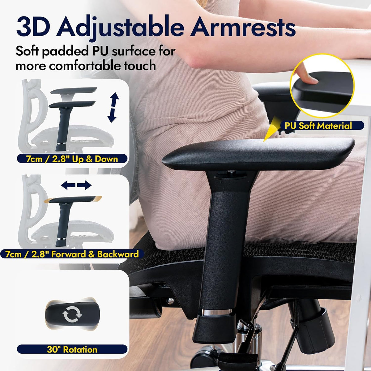Ergonomic Office Chair, Fully Mesh Office Chair with Lumbar Support, Adjustable 3D Armrest, Headrest, Large and High Swivel Computer Chair (Effen - Black)