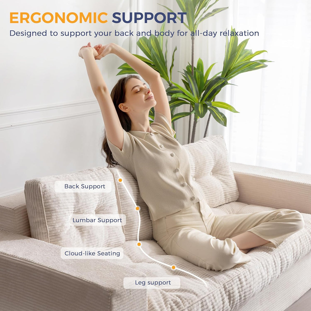 MAXYOYO 3-Zitsbank van Corduroy, Gestoffeerde Staande Fauteuil met Armleuningen, Loveseat zonder Been met Gecapitonneerd Kussen en Rugleuning, Grote Zitzak voor in de Slaapkamer en Woonkamer