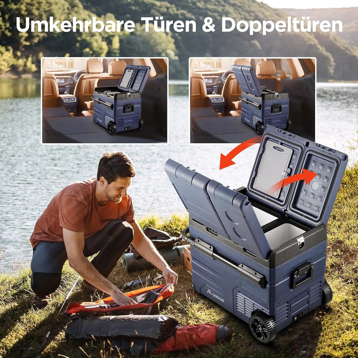 AAOBOSI Koelbox voor de auto, 45 liter, met USB-aansluiting, twee zones en dubbele deuren, elektrische koelbox tot -20 °C, voor auto, vrachtwagen, boot, camper, camping