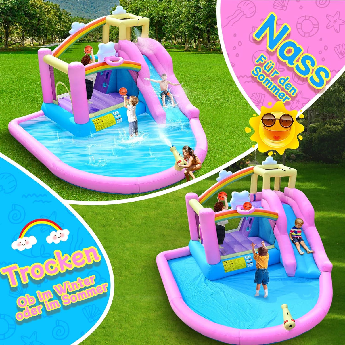 Opblaasbaar springkasteel met waterglijbaan, klimwand, basketbalkorf en kinderbadje, incl. ventilator, outdoor voor kinderen, ideaal voor tuin, 365 x 390 x 238 cm - QUORE