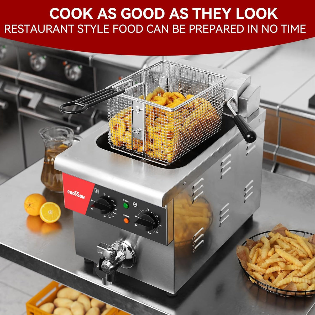 CROSSON Elektrische friteuse voor het werkblad, 8 l, met afvoerventiel, solide mand en deksel voor restaurants, 230 V, 3250 W, roestvrij staal, commerciële friteuse