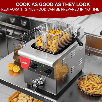 CROSSON Elektrische friteuse voor het werkblad, 8 l, met afvoerventiel, solide mand en deksel voor restaurants, 230 V, 3250 W, roestvrij staal, commerciële friteuse