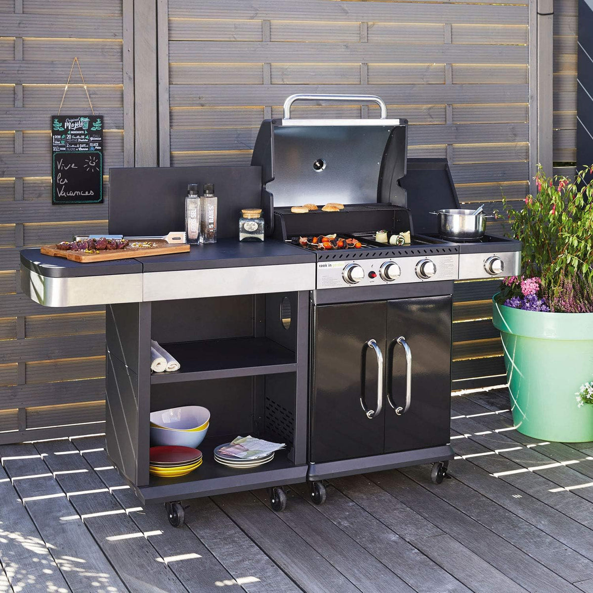 Cook'in garden - Fidgi trolley met werkblad compatibel met barbecue Fidgi 3 en 4 – meubels op wielen gemakkelijk te verplaatsen – opbergruimte, zwart/roestvrij staal