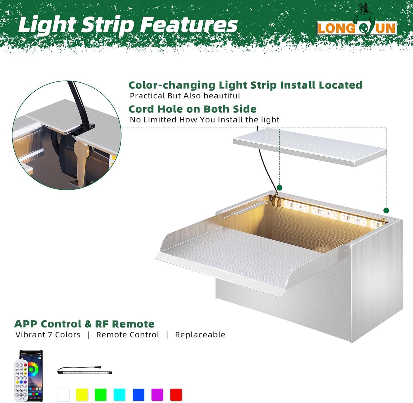 LONGRUN 23 cm vijver waterval, 304 roestvrij staal, zwembadwaterval met waterpomp, 7 kleuren Bluetooth LED tuinfontein