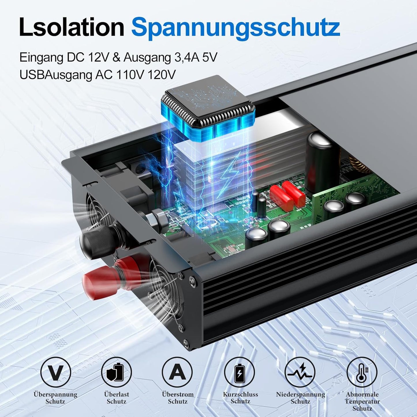 Spanningsomvormer 12v 230v 3000W -Gemodificeerde sinusomvormer 12v naar 230v spanningsomvormer met LCD-scherm, afstandsbediening & USB-aansluitingen EU-aansluiting voor caravans, camping