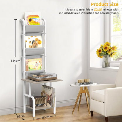Platenopslag Standaard Met Platenspelerkast – Platenspelerstandaard, Draaitafelstandaard, Platenhouder, Displayplank – Wit – Tot 200 Platen – Extra Groot Bovenblad 50 X 39 Cm