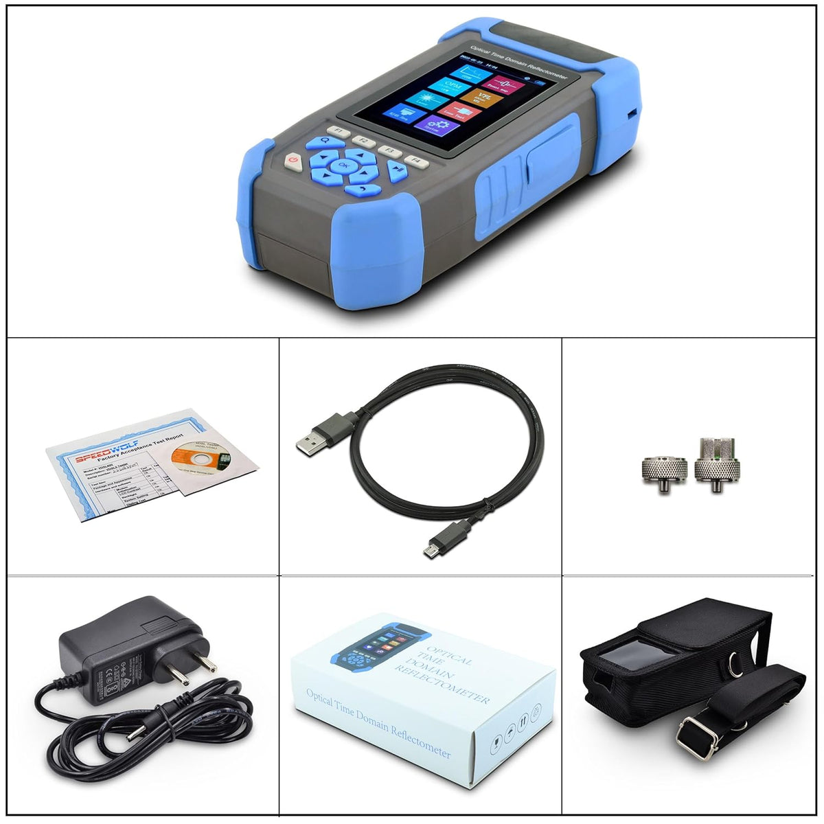 1310/1550nm 24/22dB draagbaar 4-in-1 OTDR +VFL+OPM+OLS 3,5 inch scherm, 60 km LWL-tester / optische tijdbereik-reflectometer/glasvezeltester met SC/UPC+FC/UPC+LC/UPC&APC adapter (OTDR42F-T1)
