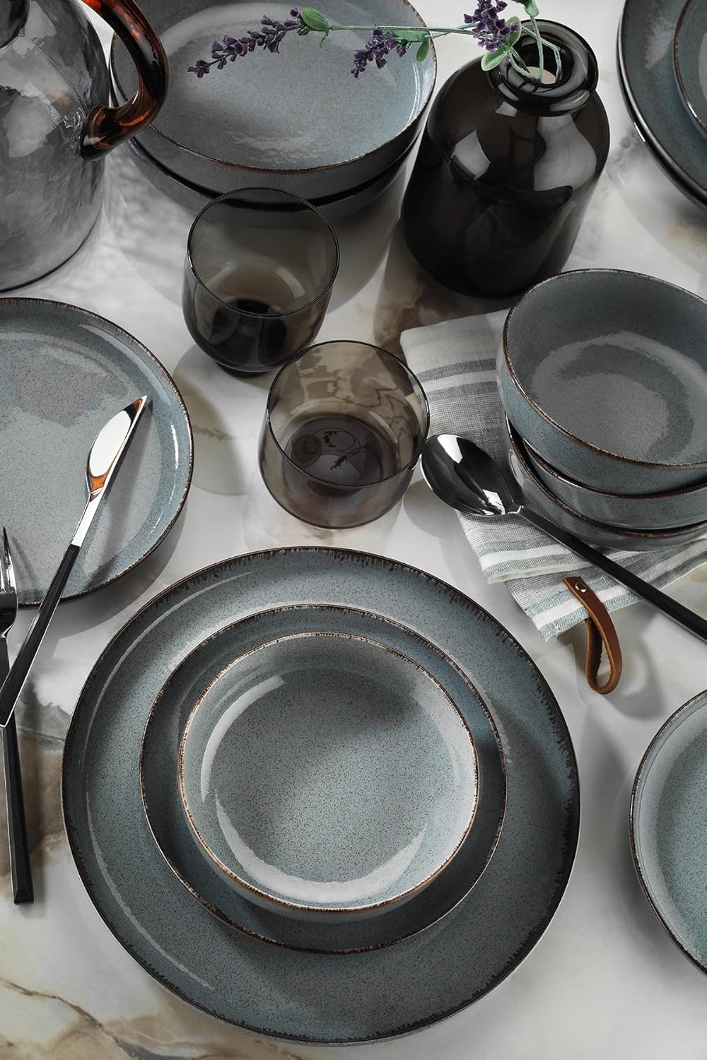 Elegante 16-delige dinerset, turquoise porselein, inclusief 4 borden (24 cm), dessertborden (21 cm), borden (20 cm), kommen (15 cm), vaatwasmachinebestendig en magnetronbestendig