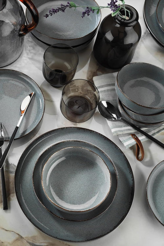 Elegante 16-delige dinerset, turquoise porselein, inclusief 4 borden (24 cm), dessertborden (21 cm), borden (20 cm), kommen (15 cm), vaatwasmachinebestendig en magnetronbestendig