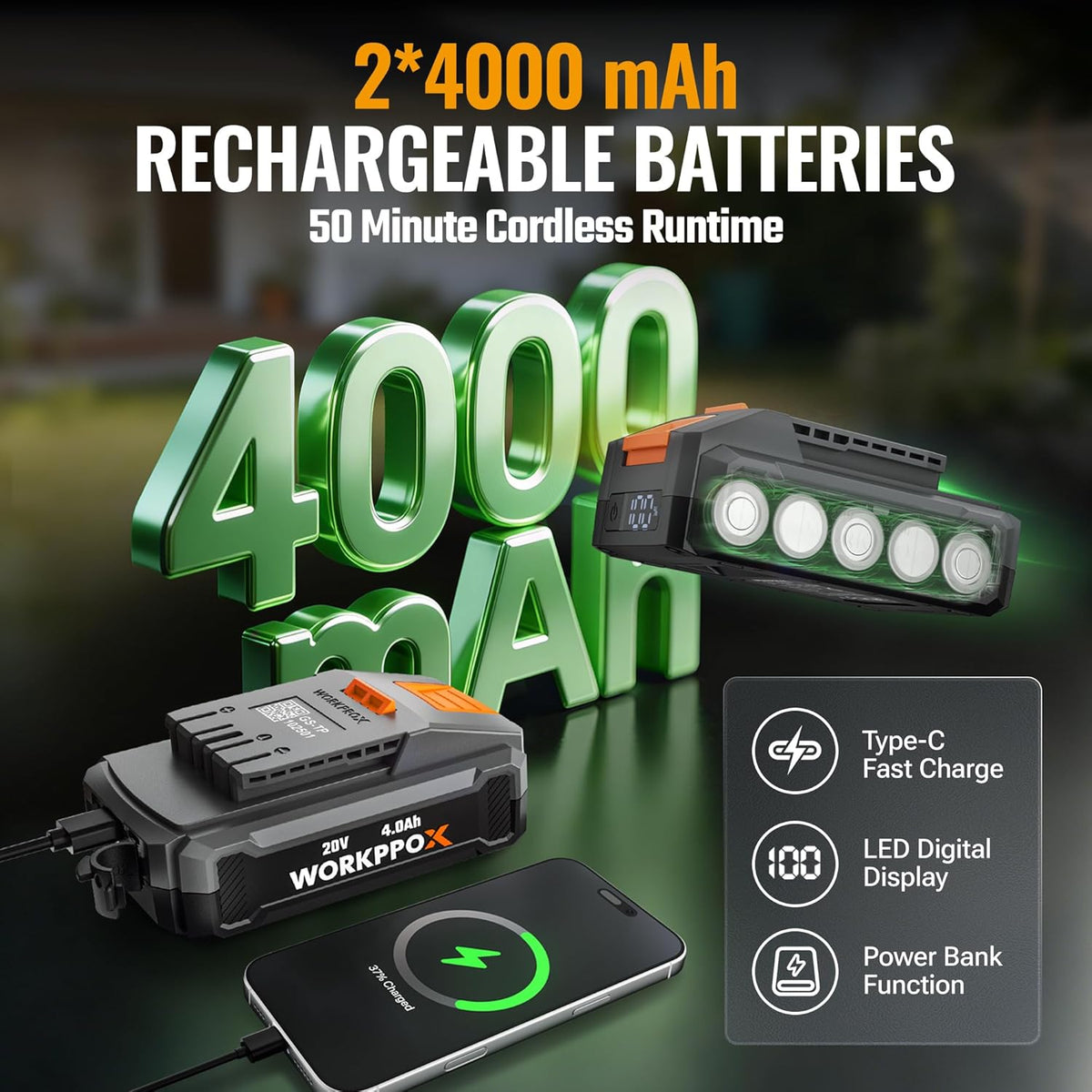 WORKPRO X Elektrische tuinfrees, draadloos, 40 V, werk 30 cm x 20 cm, dubbele accu 4000 mAh, inklapbaar stuur, wielen in 4 standen verstelbaar, compact en stil, voor tuin, moestuin en boomgaard