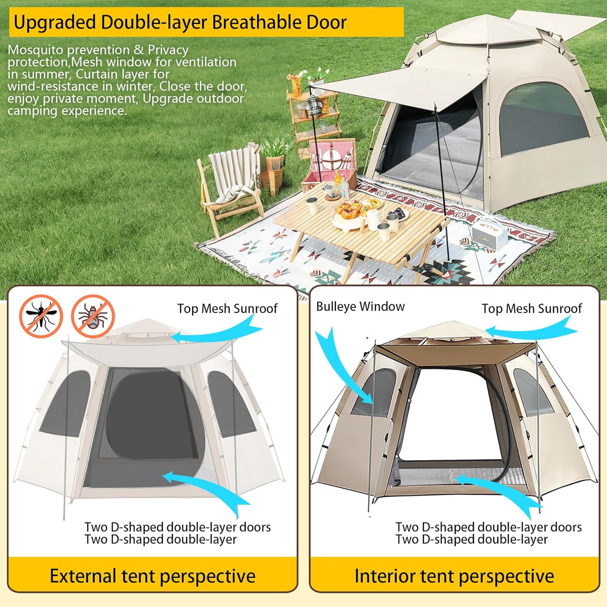 Kampeertent, automatische instanttent voor 3-4 personen, pop-up ultralichte koepeltent, 4 seizoenen, waterdicht en winddicht en zonwerend, campingtent met grote vochtbestendige pad
