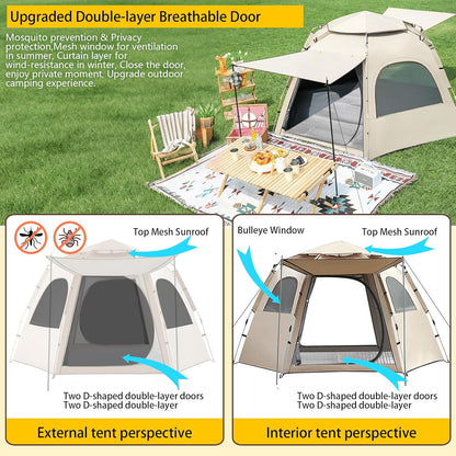 Kampeertent, automatische instanttent voor 3-4 personen, pop-up ultralichte koepeltent, 4 seizoenen, waterdicht en winddicht en zonwerend, campingtent met grote vochtbestendige pad