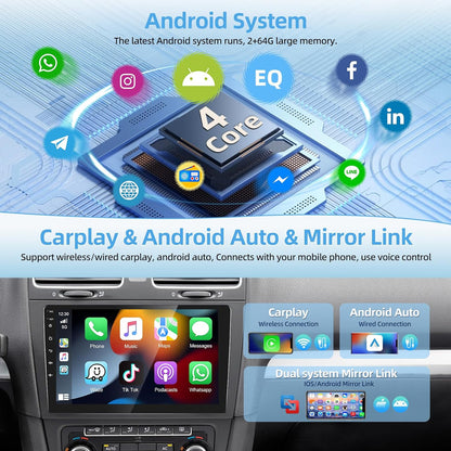 Draadloze Carpaly Autoradio Android 15.0, 2 Din 9'' HD Touchscreen Autoradio met Android Auto/GPS Navigatie/Bluetooth/Mirror Link/Achteruitrijcamera/Stuurwielbediening/FM/RDS + MIC