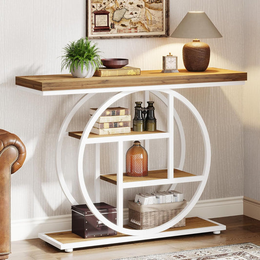 Tribesigns Console Table 105cm with 4 Levels, Narrow Industrial Sofa Table with Round Metal Frame, Wooden Entrance Table with Storage Racks for Living Room (Brown-White)