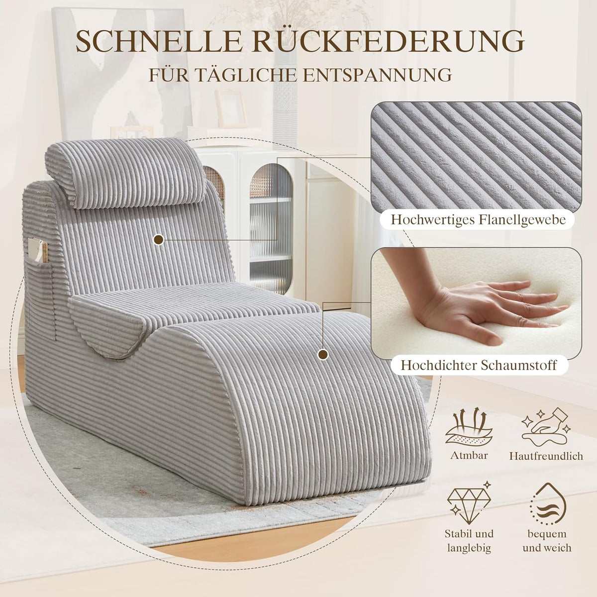 Relaxstoel – Vrijetijdsstoel – Fauteuil – Loungestoel – Leesstoel – Ergonomisch Gecomprimeerd Schuim – Afneembaar Kussen Met Zijvak – Corduroy Lichtgrijs 160x66x90 cm