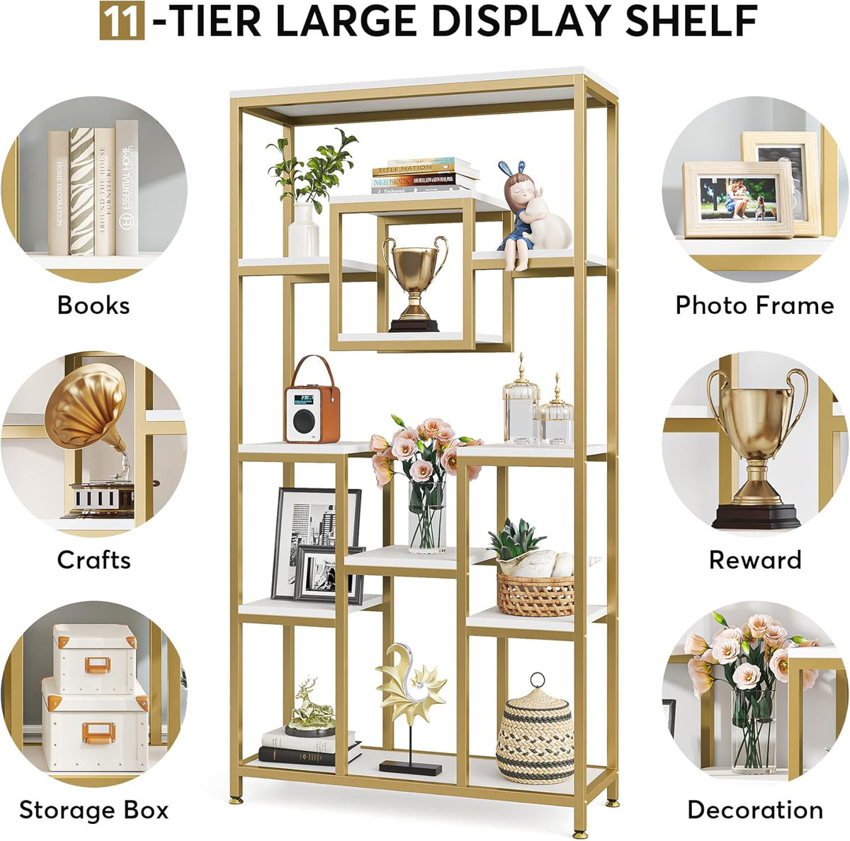 Tribesigns 180cm Golden Bookcase, 11 Stories Large and High, Open Geometric Cube Design, Modern for Living Room, Bedroom, Home Office
