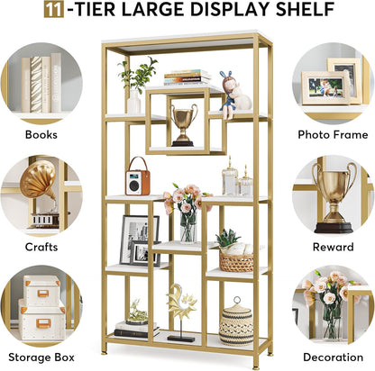 Tribesigns 180cm Golden Bookcase, 11 Stories Large and High, Open Geometric Cube Design, Modern for Living Room, Bedroom, Home Office