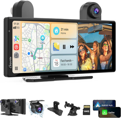 Carpuride W903S Draagbare Draadloze CarPlay & Android Auto met Dash Cam - HD IPS-Scherm, 4K-Frontcamera + 1080P-Achtercamera + 1080P-Infraroodcamera, Loop-Opname, Bluetooth, GPS, Siri, Muziek