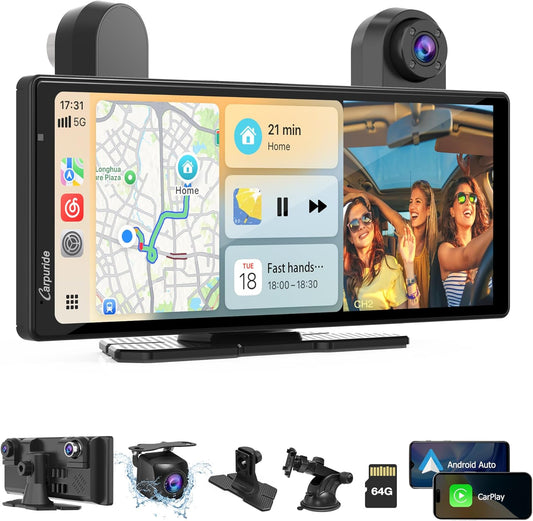 Carpuride W903S Draagbare Draadloze CarPlay & Android Auto met Dash Cam - HD IPS-Scherm, 4K-Frontcamera + 1080P-Achtercamera + 1080P-Infraroodcamera, Loop-Opname, Bluetooth, GPS, Siri, Muziek