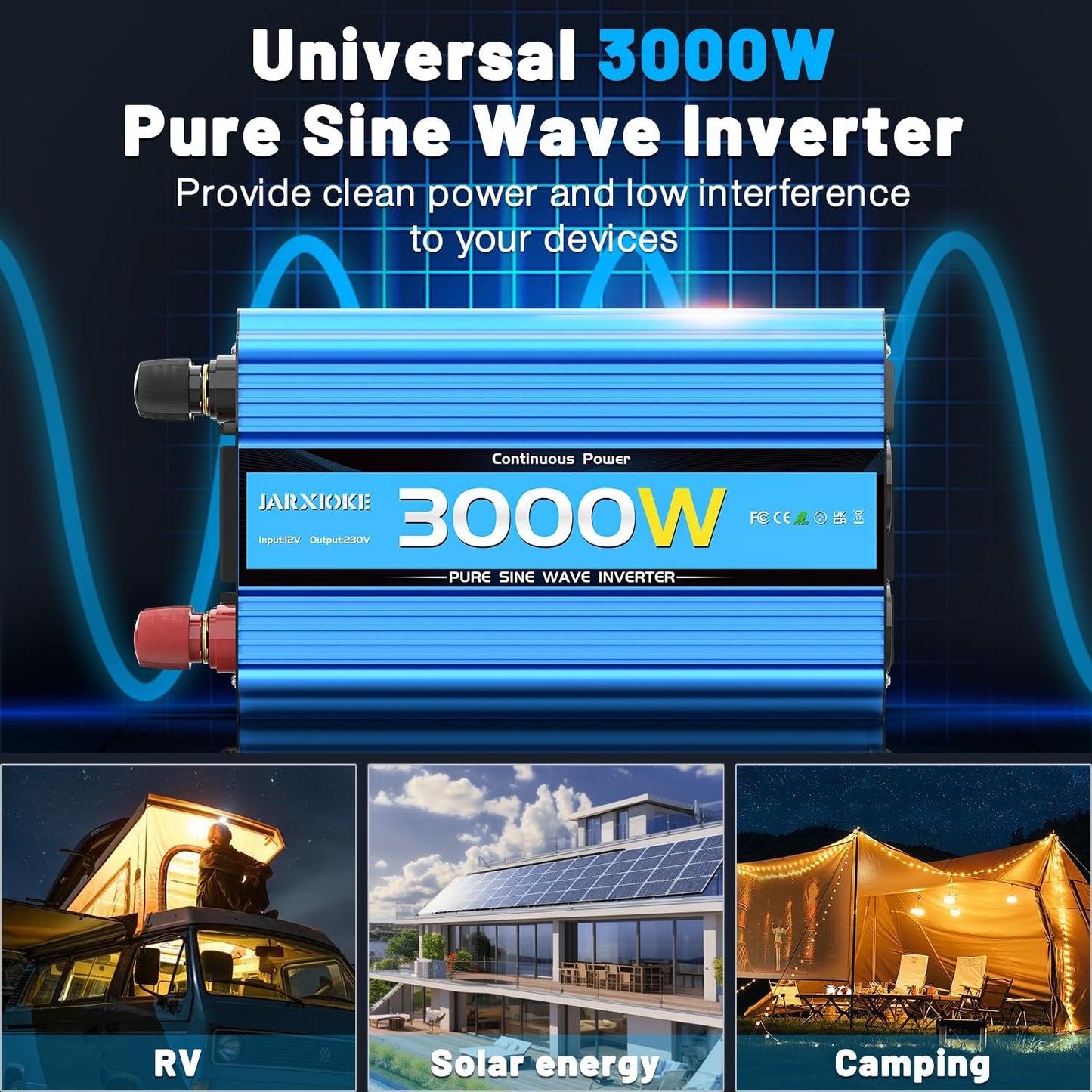 Zuivere Sinus Omvormer 3000W voor Buiten Auto 12V 230V Spanningsomvormer Inverter Pure Sine Wave met Afstandsbediening EU Stopcontact USB Poort