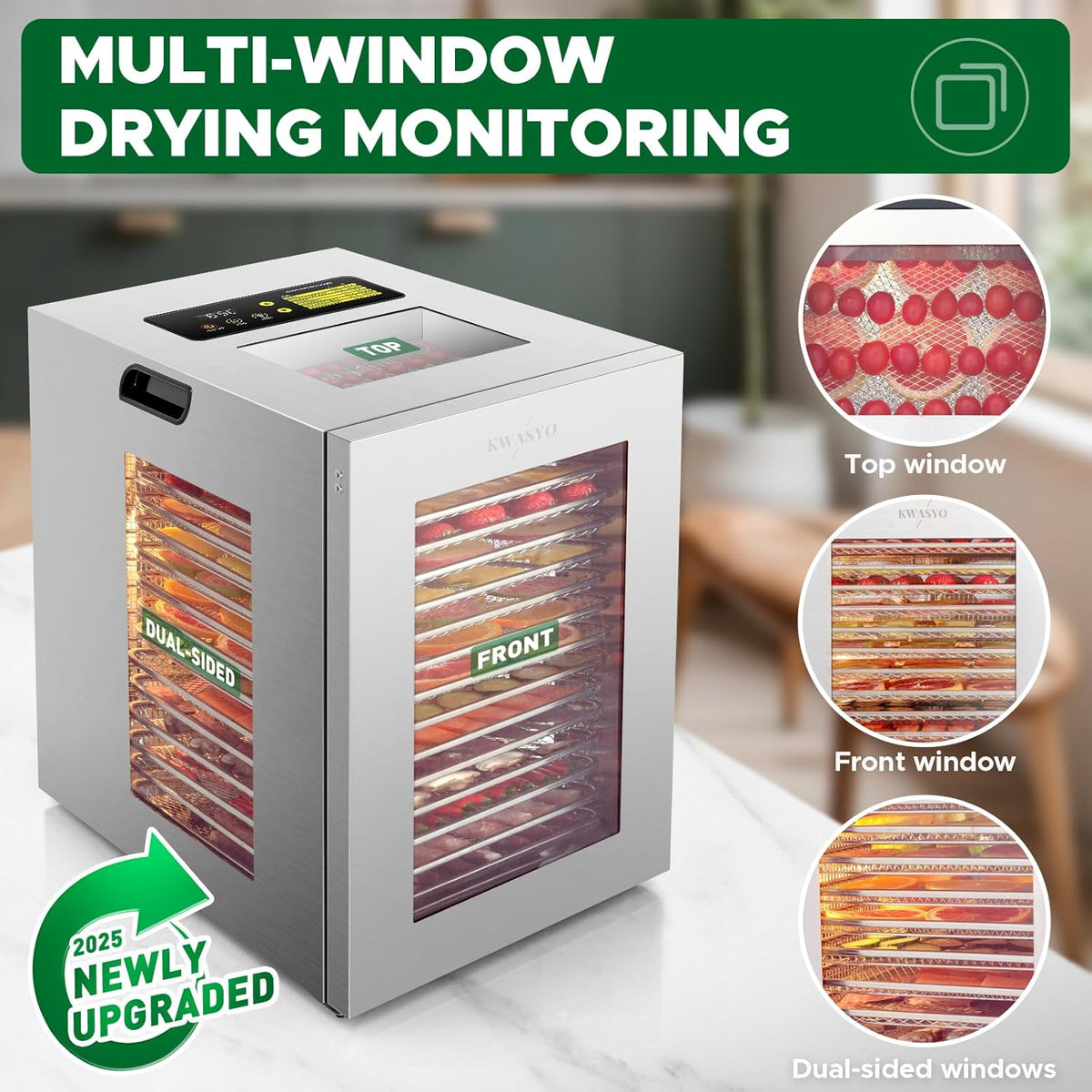 Kwasyo Voedseldroger van roestvrij staal, dubbele ventilator, 360 graden efficiënte droogmachine, 15 etages, temperatuurregeling van 30-90 °C, timer 24 uur, oververhittingsbeveiliging, receptenboekje