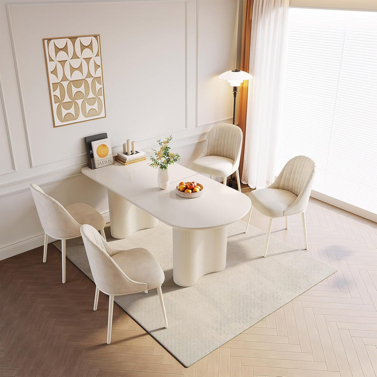Modern Dining Room Table Set Rectangular with 4 to 6 Chairs White Ideal for Kitchen or Living Room (1 Table with 4 Chairs (1.60 m)) - QUORE