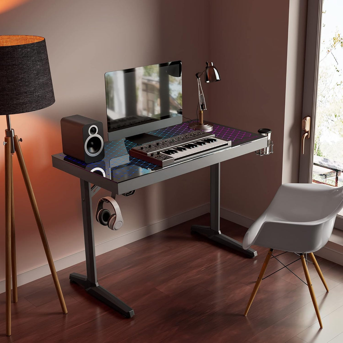 EUREKA ERGONOMIC Gamingbureau, led, bureau, gamer, 110 cm, van glas, voor gaming, pc, computer, synchroniseren met muziekritme, RGB-verlichting via app-besturing