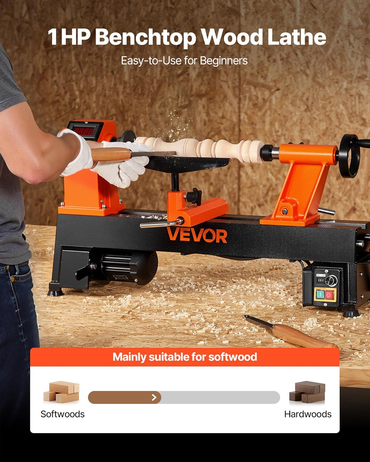 VEVOR Lathe 1 PS/750 W, Variable Speed Lathe from 0 to 3800 rpm, Lathe 304 x 465 mm Workbench Lathe for Beginners and DIY Woodworking