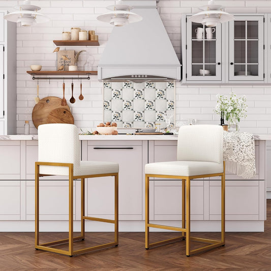 ALPHA HOME Bar Stool Set of 2 with Backrest PU Leather Kitchen Stool Bar Chair Set of 2 with Footrest for Kitchen Dining Room Home Bar Stable Metal Steel Frame Cream Colour