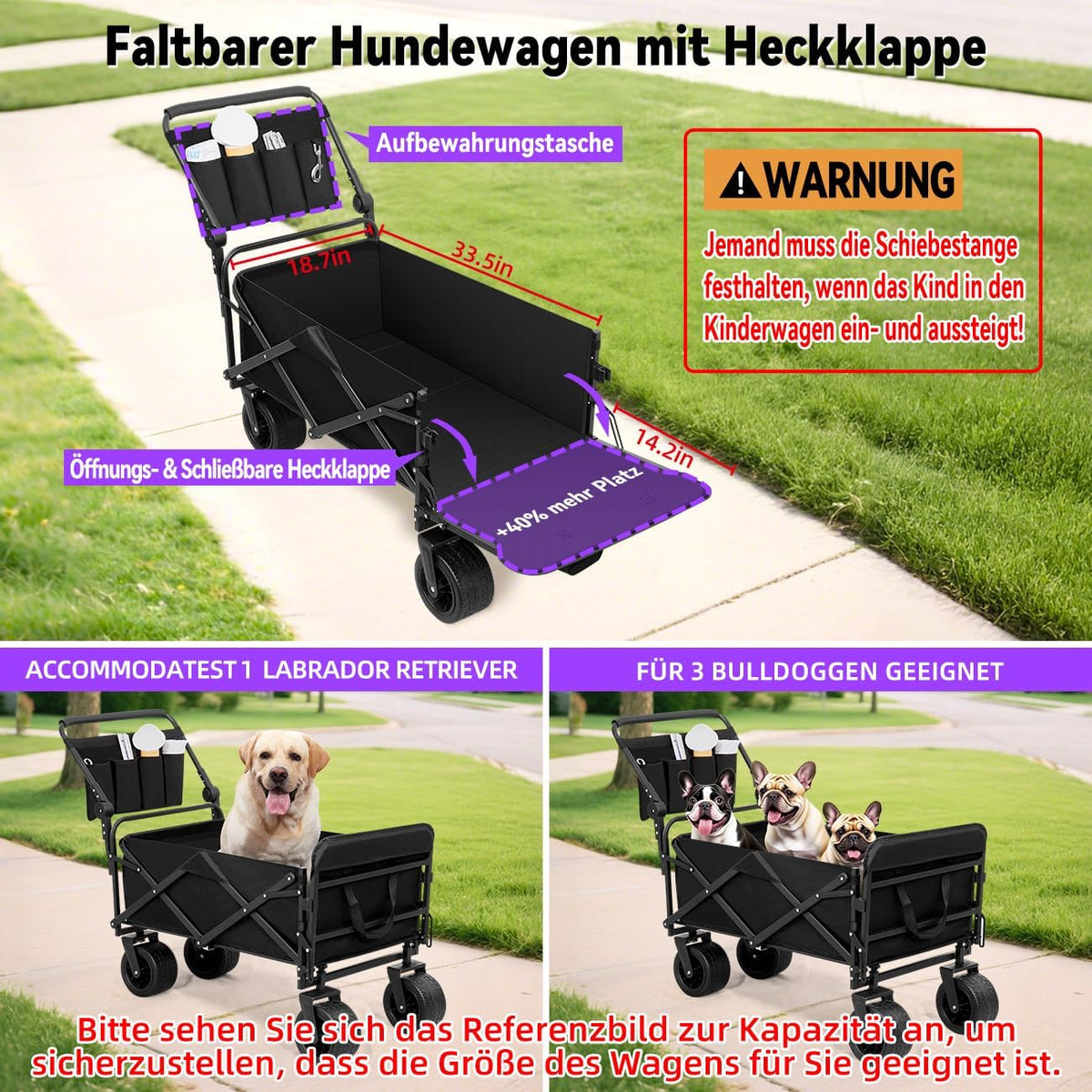 Hondenwagen tot 50 kg inklapbaar, hondenbuggy met luchtloze all-terrain banden en in hoogte verstelbare handgreep, achterdeur voor eenvoudig in- en uitstappen, voor grote honden, senioren honden