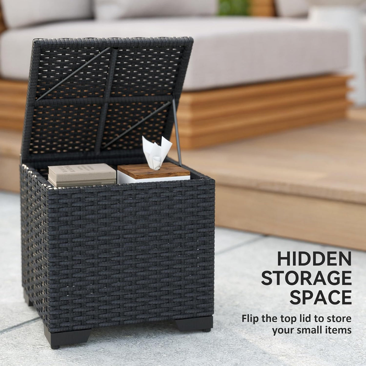 Outsunny Set of 2 Rattan Storage Ottoman, Outdoor Footstool with Removable Cushions, Garden Storage Seat for Balcony, Porch, Living Room, Cream - QUORE