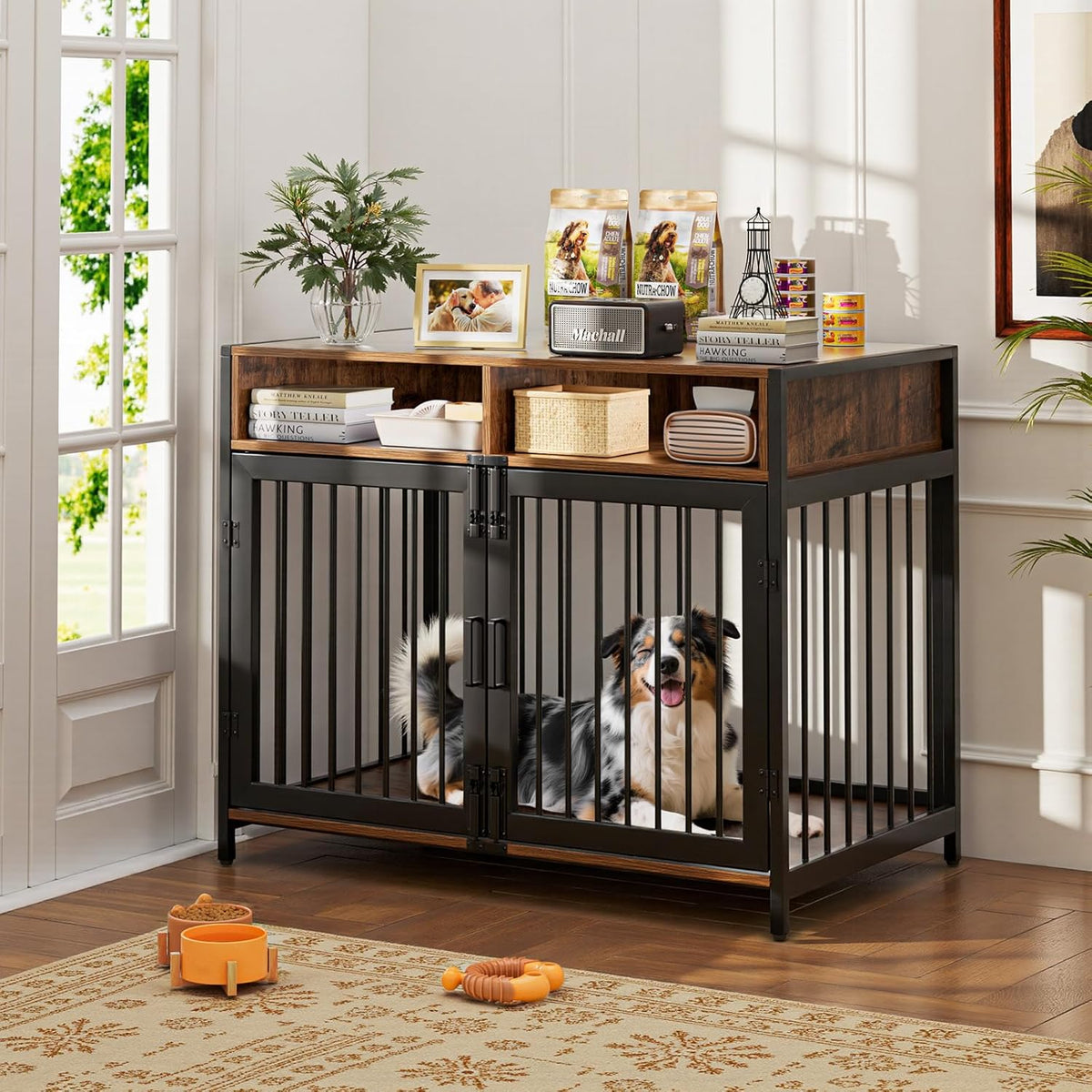 Gimars 94 x 58 x 63 cm Dog Furniture Box with Storage Drawers, Heavy Duty Dog House Indoor for Small, Medium and Large Dogs, Decorative Pet Crate for Indoor Use, Rustic Brown - QUORE