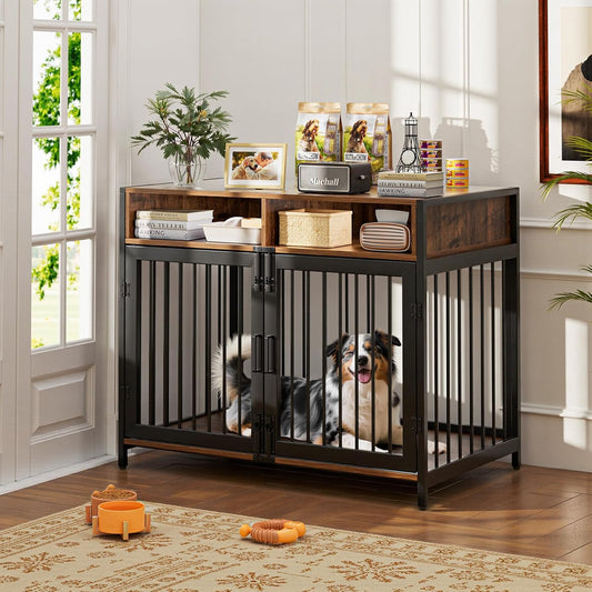 Gimars 94 x 58 x 63 cm Dog Furniture Box with Storage Drawers, Heavy Duty Dog House Indoor for Small, Medium and Large Dogs, Decorative Pet Crate for Indoor Use, Rustic Brown - QUORE