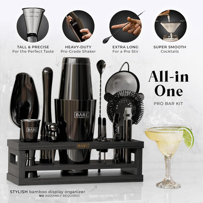 Cocktailset Zwart – Bartenderset – Cocktailshakerset – Barset – Cocktailcadeauset – 16-Delig Met Bamboe Standaard – 35 Receptkaarten