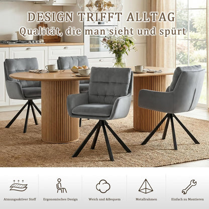 Eetkamerstoel 360° draaibaar fluweel met armleuningen, set van 1 comfortabele gevoerde keuken met dubbele rugleuning en afneembaar kussen, moderne draaistoel voor woonkamer, kantoor