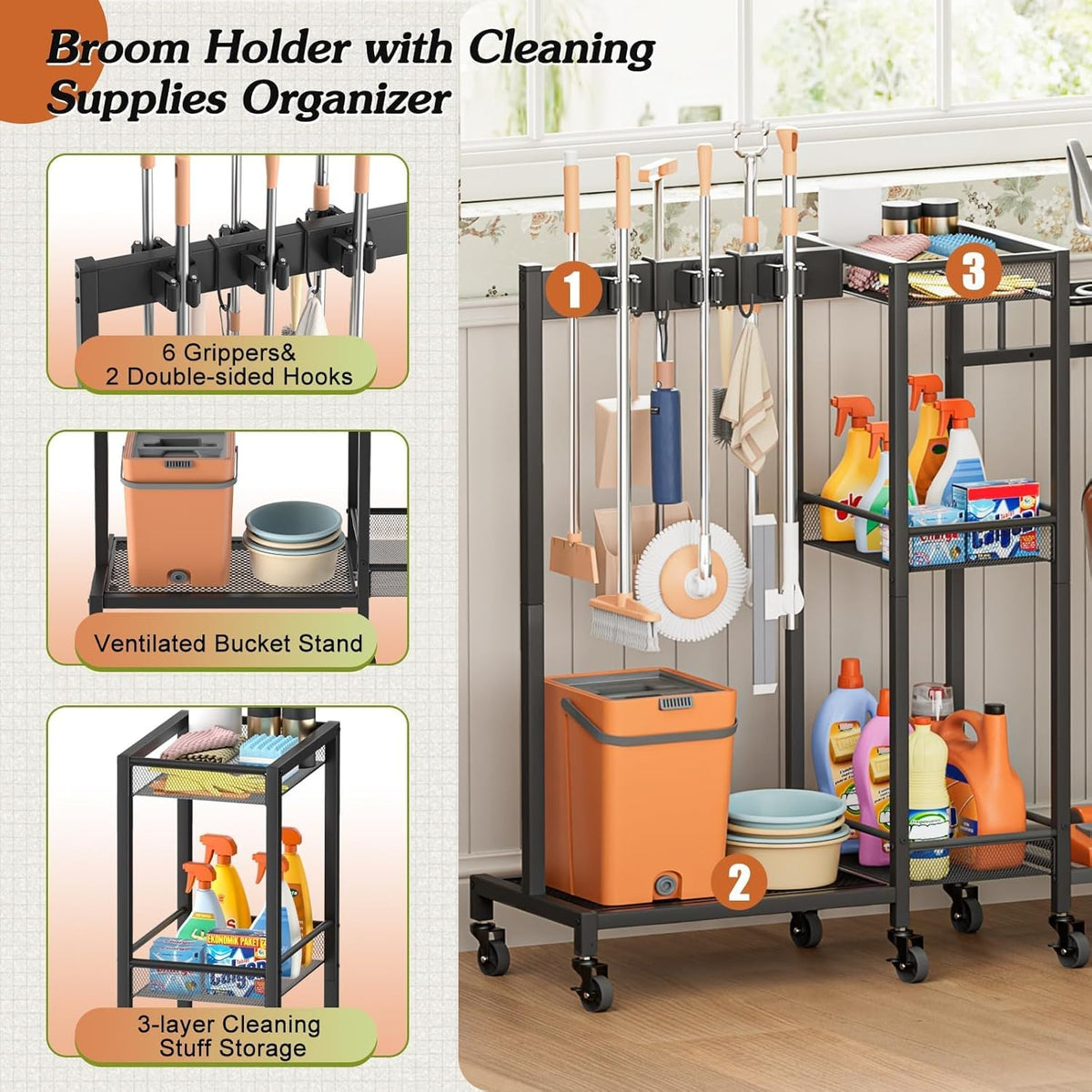 Bikoney Bezemhouder en Organizer Schoonmaakmiddelen, Schoonmaakkar met Wielen en Kast, Trolley voor Bezem en Mop met Stofzuigerhouder, Multi Functionele Schoonmaaktrolley voor Huis en Wasruimte