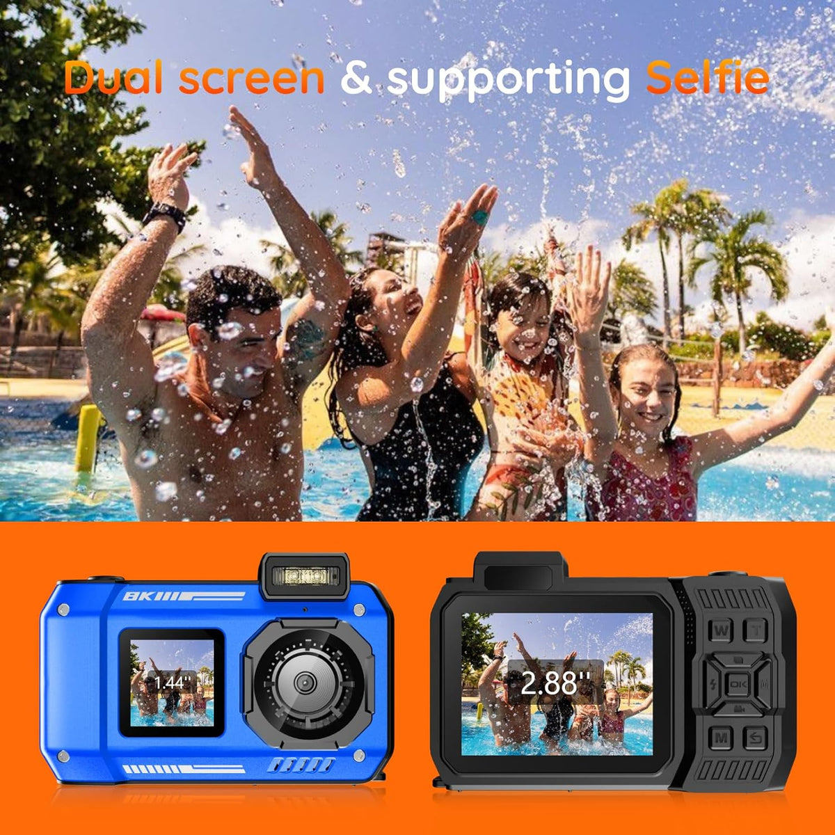 MaxMango 8K 70MP digitale camera 33FT onderwatercamera, 64GB digitale camera om te snorkelen, 18x dubbel scherm, selfies, robuust, stofdicht, schokbestendig, autofocus