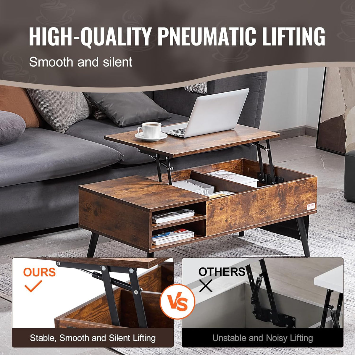 Koffietafel - Table - Coffe table - Living Room Table - Lift Top salontafel - tafel met extra opbergruimte - omklapbare salontafel voor de woonkamer - 39.4in - Bruin - 42.11lbs