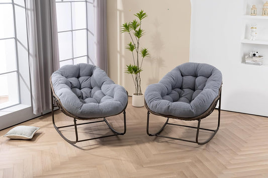 Rattan Schommelstoel – Schommelstoel Tuinstoel Rocking Chair Draaistoel Balkonstoel – Handgeweven Synthetisch Rattan – Stevig Stalen Frame – Inclusief Zacht Kussen – Weerbestendig Grijs