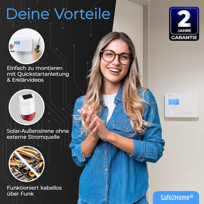 Safe2Home Draadloze alarminstallatieset met sabotagebeveiliging, draadloos smart home-alarmsysteem met app-bediening, wit