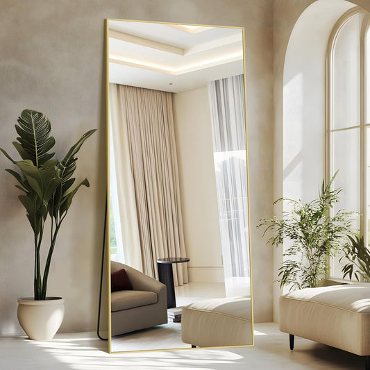 Rechthoekige full-body spiegel, 192 x 85 cm staande spiegel met gouden aluminium frame, grote wandspiegel vloerspiegel voor slaapkamer, entree, hal, woondecoratie
