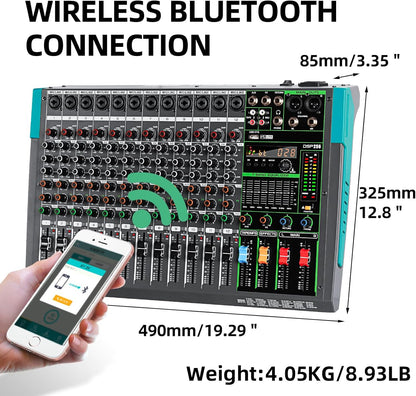 12-Kanaals Audiomixer – Mixer – Mengpaneel – Mengtafel – DJ-Mixer – Bluetooth & USB-Speler – 99 DSP-Reverbeffecten