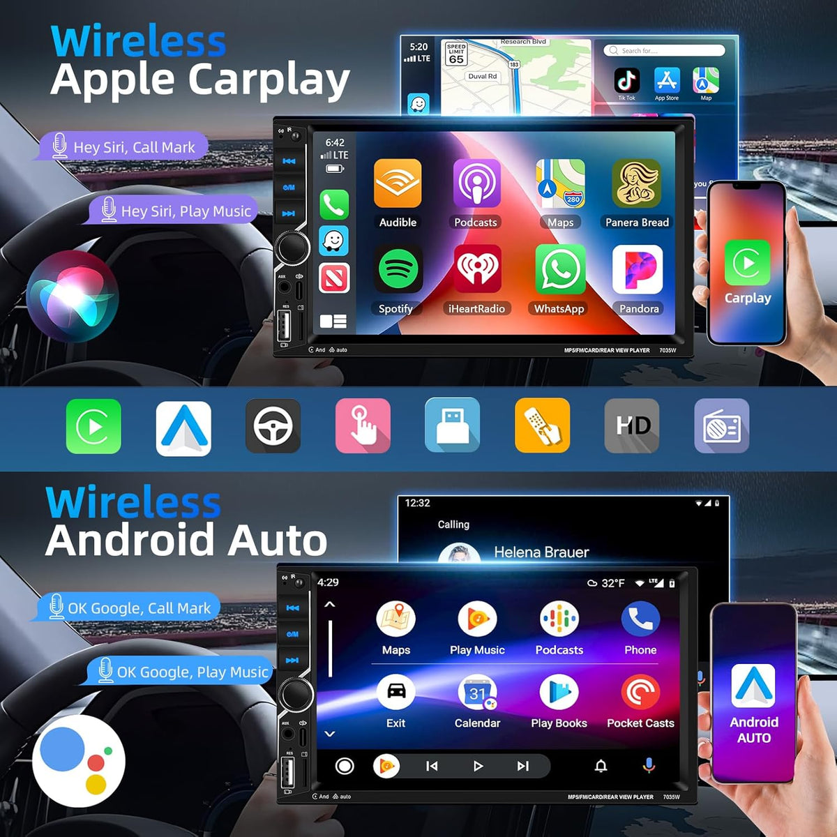 2-DIN Autoradio – Dubbele Din Radio – Auto Stereo – Multimedia Speler – Auto Entertainment – Draadloze CarPlay & Android Auto – Inclusief Achteruitrijcamera