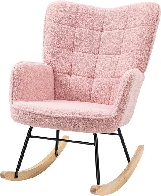 HOMCOM Rocking Chair Rocking Chair Accent Chair Living Room Chair Relax Chair Rocking Chair for Bedroom, Load Capacity up to 120 kg, Berber Fleece, Pink 71 x 92 x 101 cm - QUORE