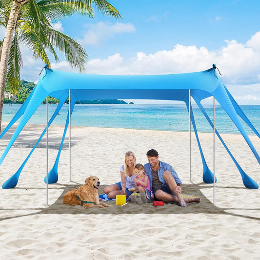 Rhino Valley Strandtent, 7 x 6,5 FT strandschaduw UPF50+ bescherming, strandluifel met 8 zandzakken, 4 stabiliteitspalen, outdoor strandtent, zonnescherm voor zand, camping, visbenodigdheden