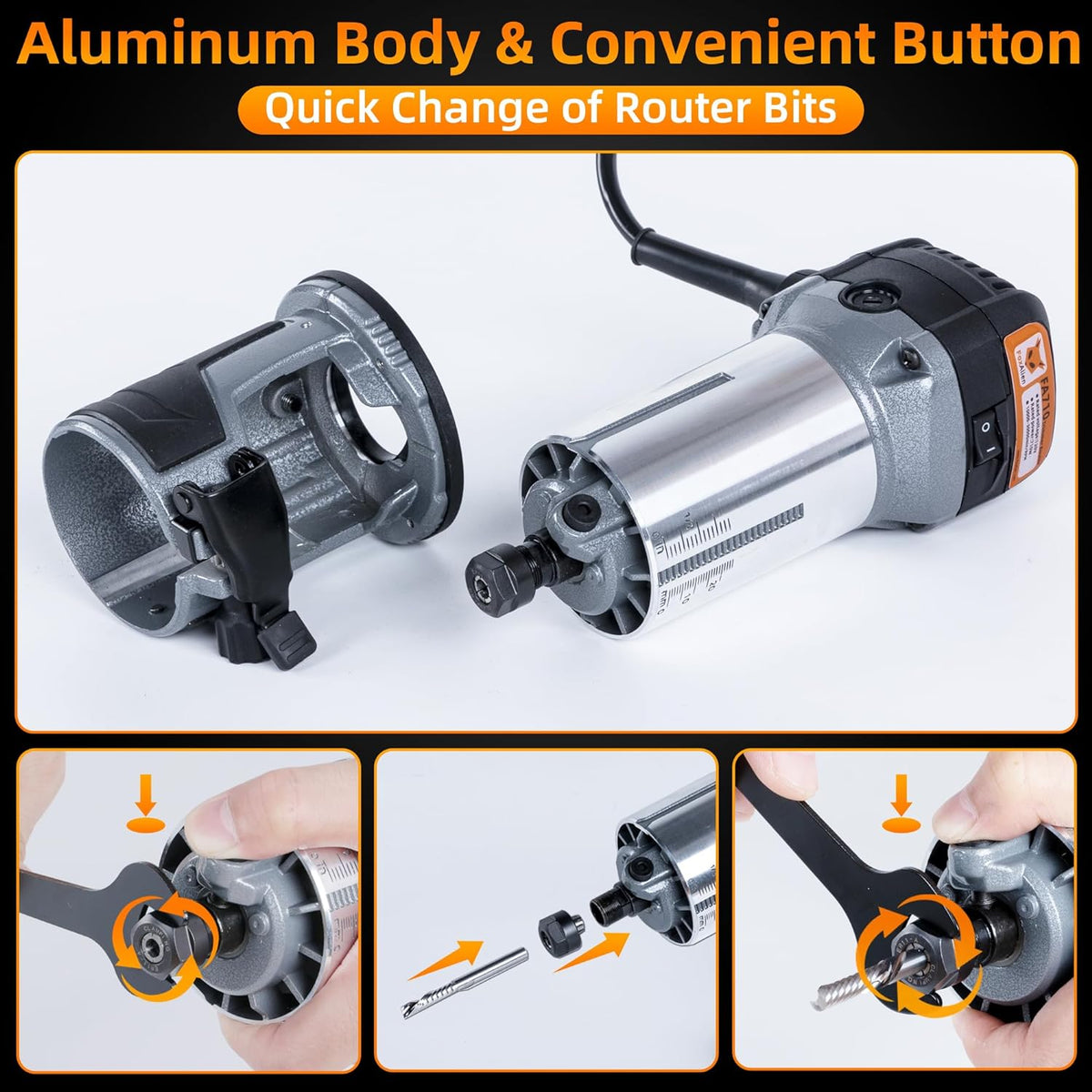 FoxAlien 1 HP 710W 65mm Diameter Compacte Palm Router voor CNC Houtbewerking, 6 Variabele Snelheden Max 30000 R/MIN Hout Trimmer met 1/4" Collet (220V)