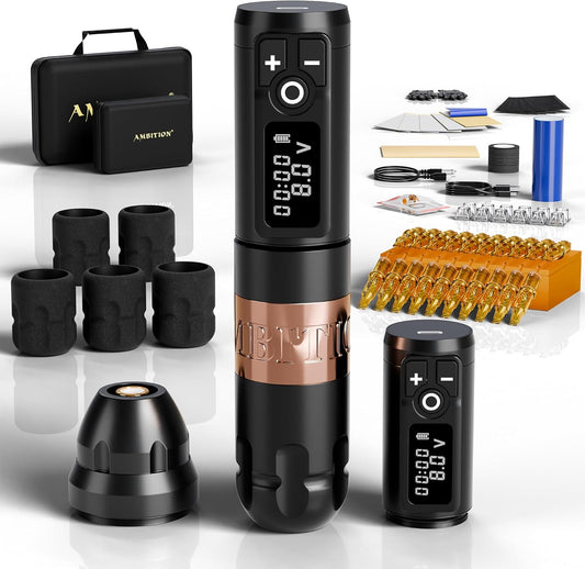Ambition Soldier Rotary Tattoo Penset - Draadloos, duale accu's 20 tattoo cartridges, transferpapier, folie, inkttray en wegwerp handvat. Compleet voor tatoeëerders.